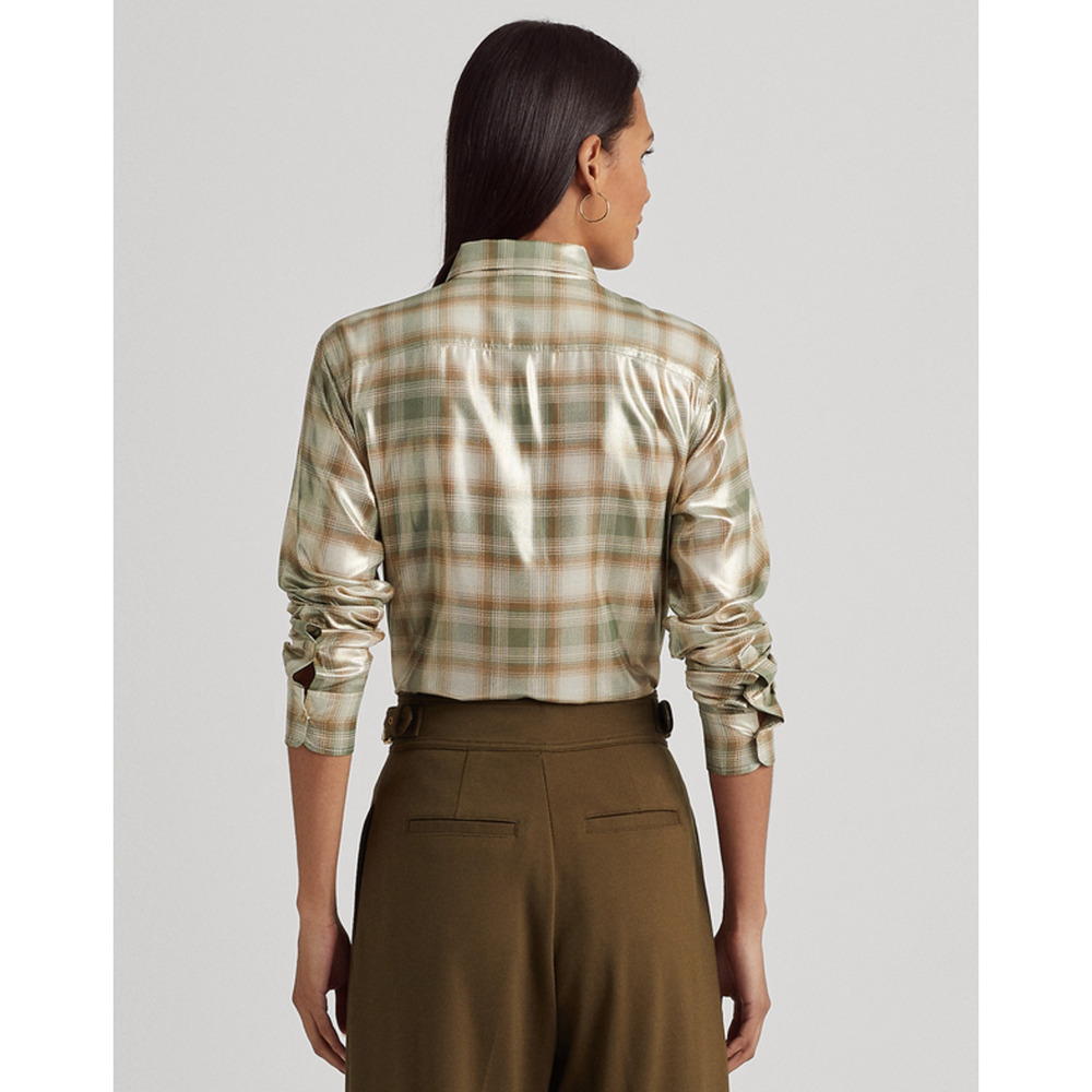 Lauren Ralph Lauren Shadow-Plaid Metallic Georgette Shirt Cream Olive Size M - Picture 3 of 4